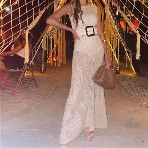 zara maxi knit dress Zara - Metallic Thread Knit Maxi Dress Marisa Berenson X Zara - Golden - S-M